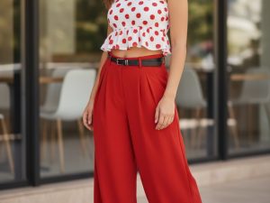 R8865 PANTALON ANCHO LINO CON CINTURON ROJO T.U